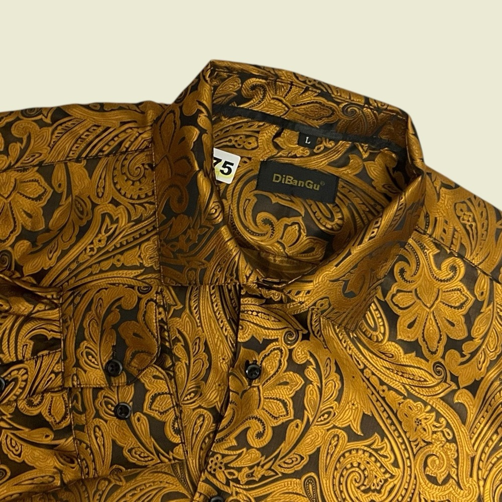 DiBanGu Mens Oriental Shirt Large Gold Long Sleeve Paisley Button Down Silk Blen